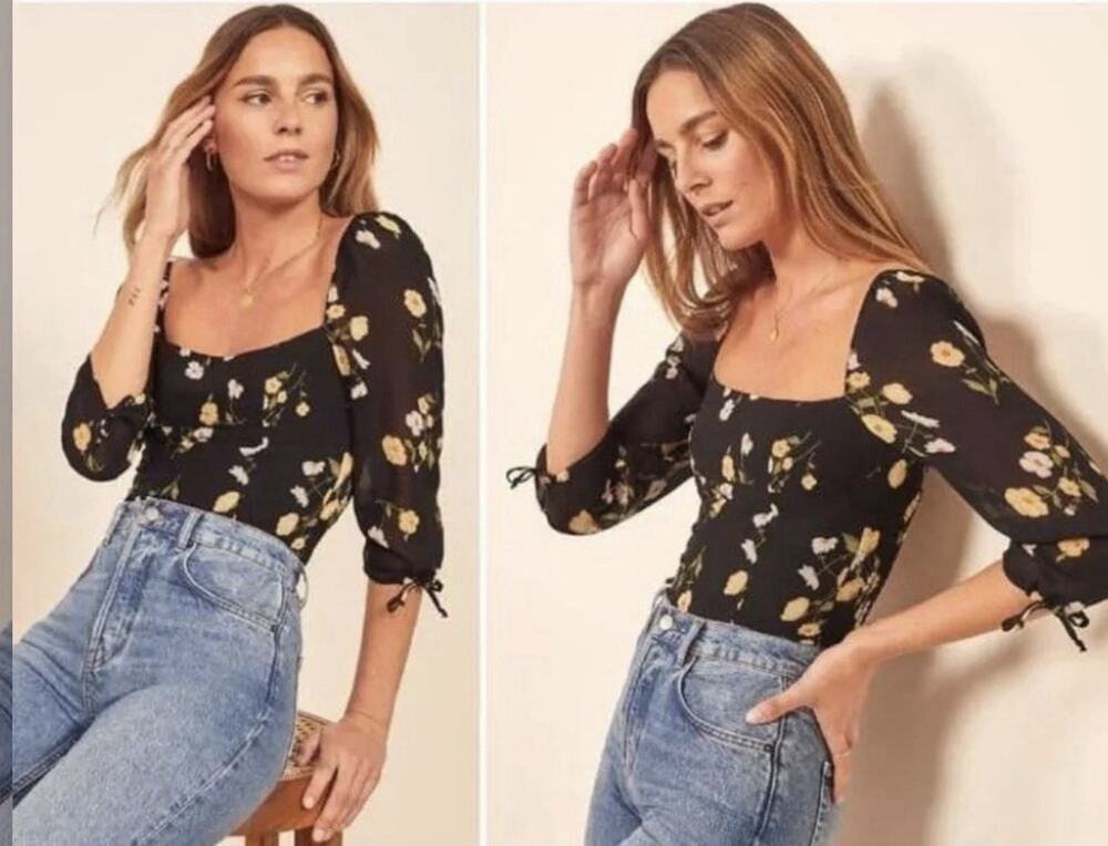 New REFORMATION Black And Yellow Floral Square Neck ¾ Tie Sleeve Top sz 10 Large